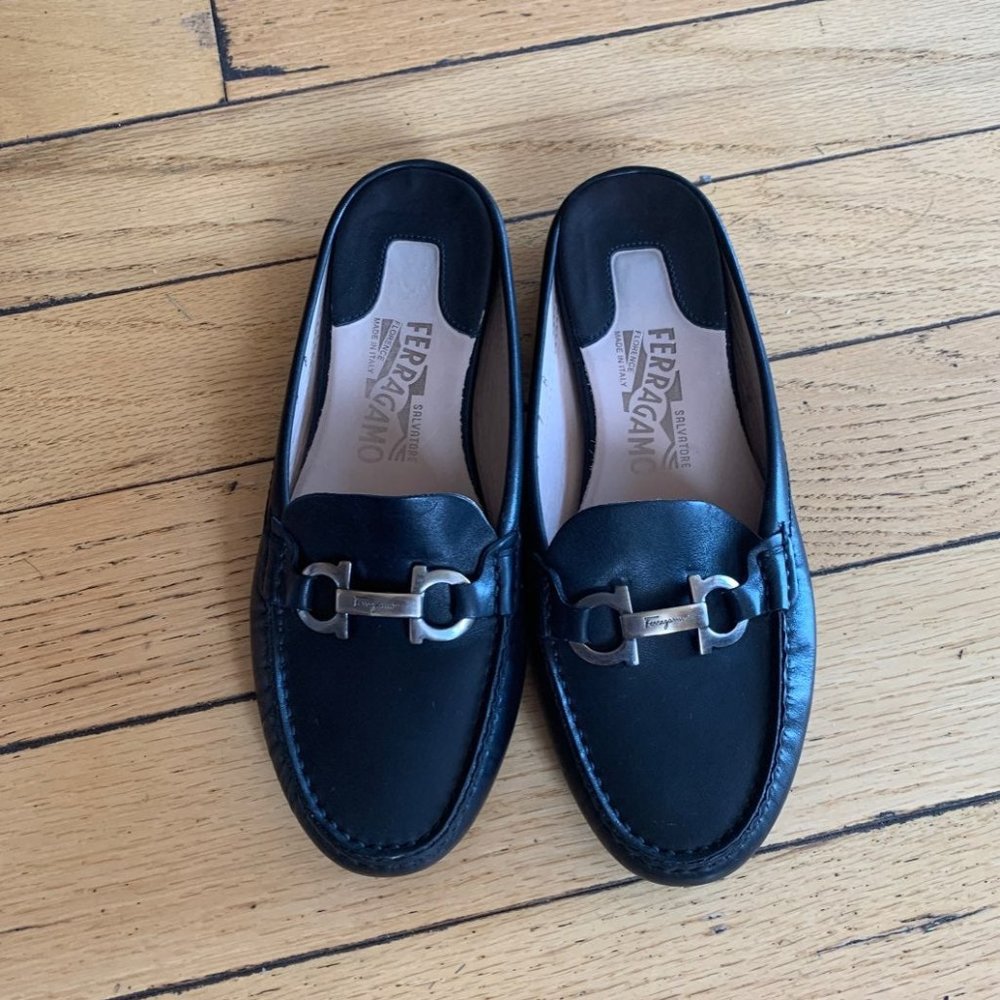 Ferragamo slip on buckle mules
